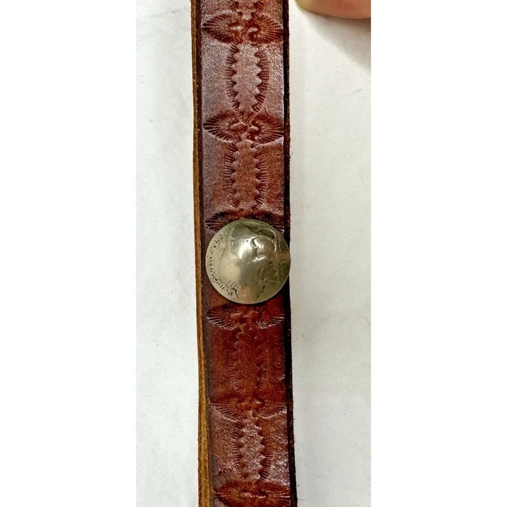 Buffalo Head Nickel Youth Belt 28 Handcrafted Brown Leather Tooled Western Vtg